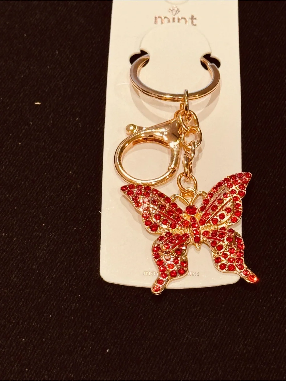 Mint Gold-Tone Keychain with Red Crystal Butterfly Charm NWT